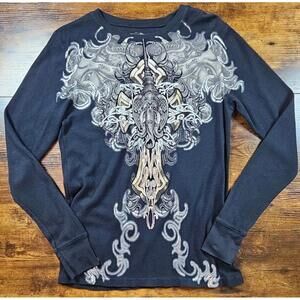 Vintage Y2K‎ Brad Butter Cross AOP Long Sleeve Thermal Black Shirt Medium USA